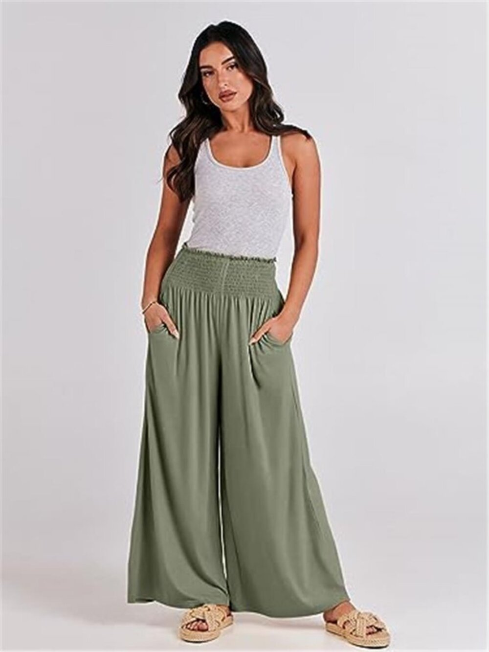 Sage Green Palazzo Pants High Smocked Waist Wide Leg Lounge Trousers - Picture 6 of 6